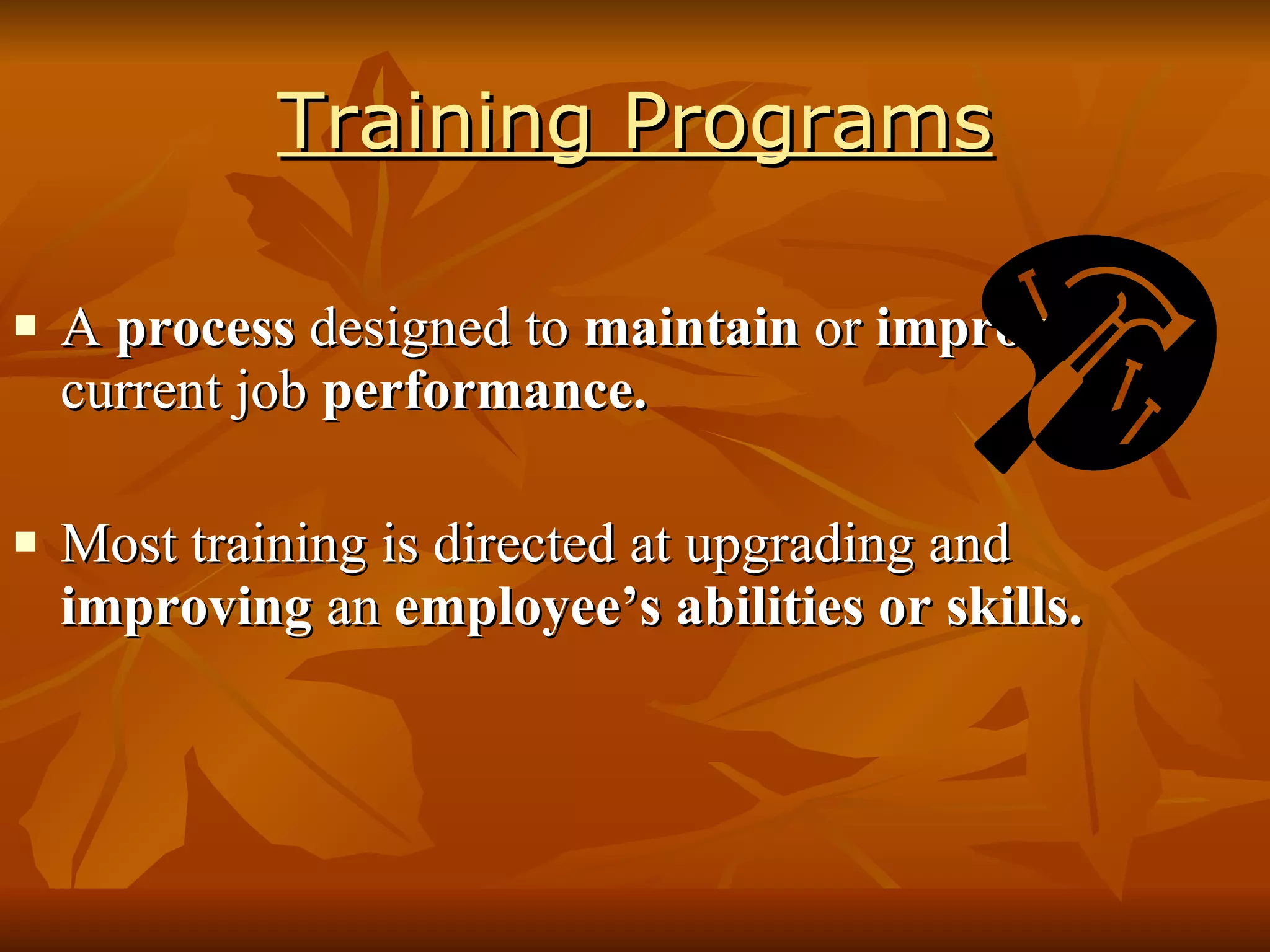 Training Programs A  process  designed to  maintain  or  improve  current job  performance. Most training is directed at upgrading and  improving  an  employee’s abilities or skills. 