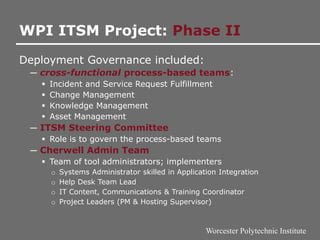 Worcester Polytechnic Institute
WPI ITSM Project: Phase II
Deployment Governance included:
─ cross-functional process-based teams:
 Incident and Service Request Fulfillment
 Change Management
 Knowledge Management
 Asset Management
─ ITSM Steering Committee
 Role is to govern the process-based teams
─ Cherwell Admin Team
 Team of tool administrators; implementers
o Systems Administrator skilled in Application Integration
o Help Desk Team Lead
o IT Content, Communications & Training Coordinator
o Project Leaders (PM & Hosting Supervisor)
 