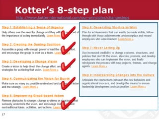 Kotter’s 8-step plan
17
http://www.kotterinternational.com/our-principles/changesteps
 