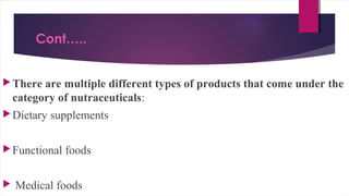 Cont…..
There are multiple different types of products that come under the
category of nutraceuticals:
Dietary supplements
Functional foods
 Medical foods
 