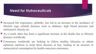 Need for Nutraceuticals
 Increased life expectancy, globally, has led to an increase in the incidence of
lifestyle (age related) diseases such as diabetes, high blood pressure and
cholesterol, obesity etc.
 As a result, there has been a significant increase in the deaths due to lifestyle
diseases worldwide.
 Consumers worldwide are looking to follow healthy lifestyles to obtain
optimum nutrition to keep these diseases at bay, leading to an increase in
nutraceutical consumption by health conscious consumers.
 