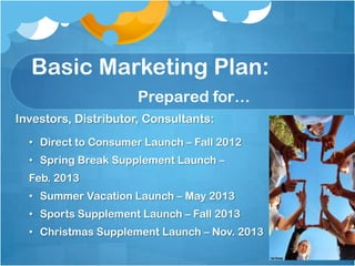 Basic Marketing Plan:
                      Prepared for…
Investors, Distributor, Consultants:
  • Direct to Consumer Launch – Fall 2012
  • Spring Break Supplement Launch –
  Feb. 2013
  • Summer Vacation Launch – May 2013
  • Sports Supplement Launch – Fall 2013
  • Christmas Supplement Launch – Nov. 2013
 