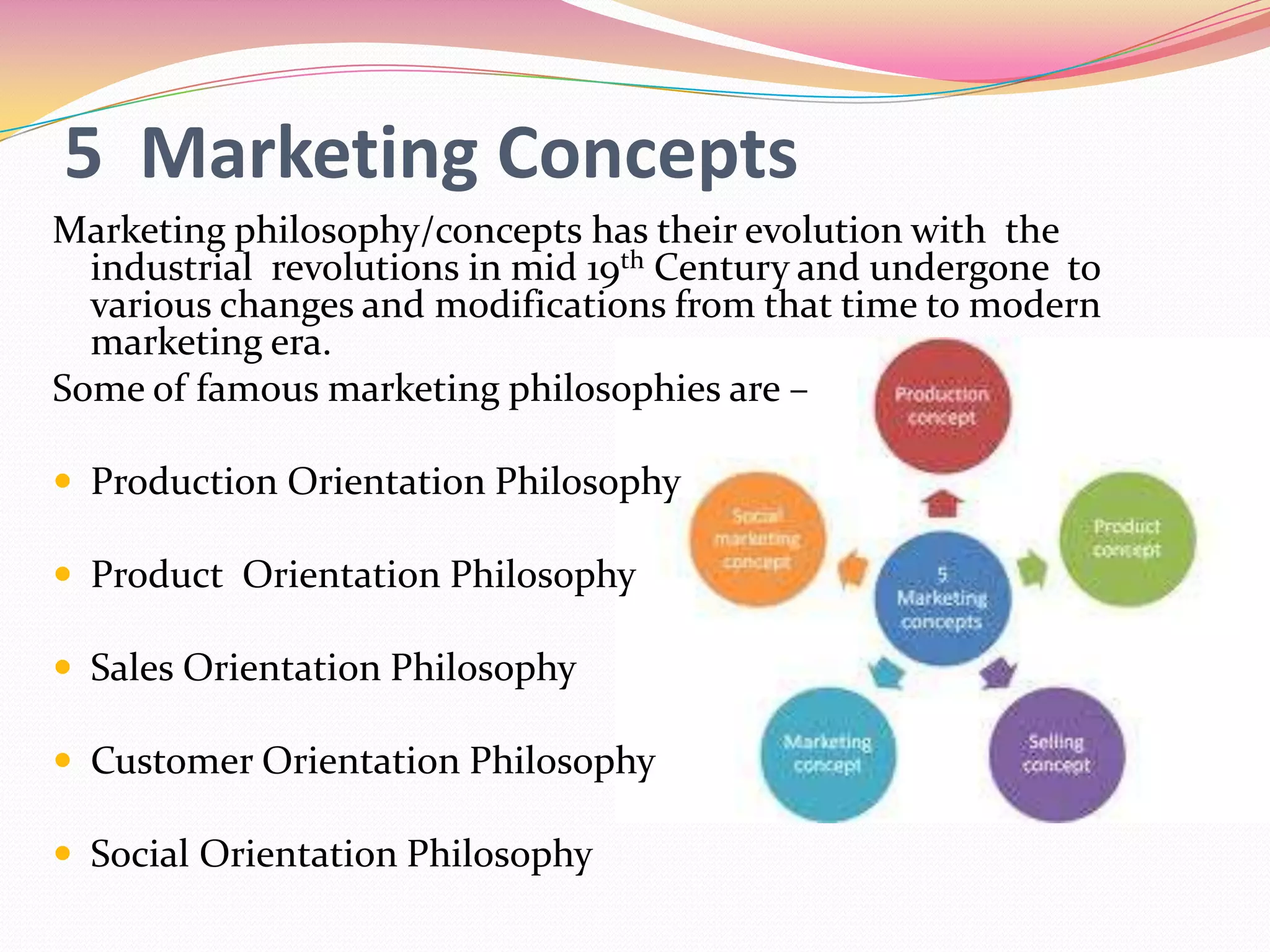 5 Marketing Concepts
Marketing philosophy/concepts has their evolution with the
industrial revolutions in mid 19th Century and undergone to
various changes and modifications from that time to modern
marketing era.
Some of famous marketing philosophies are –
 Production Orientation Philosophy
 Product Orientation Philosophy
 Sales Orientation Philosophy
 Customer Orientation Philosophy
 Social Orientation Philosophy
 