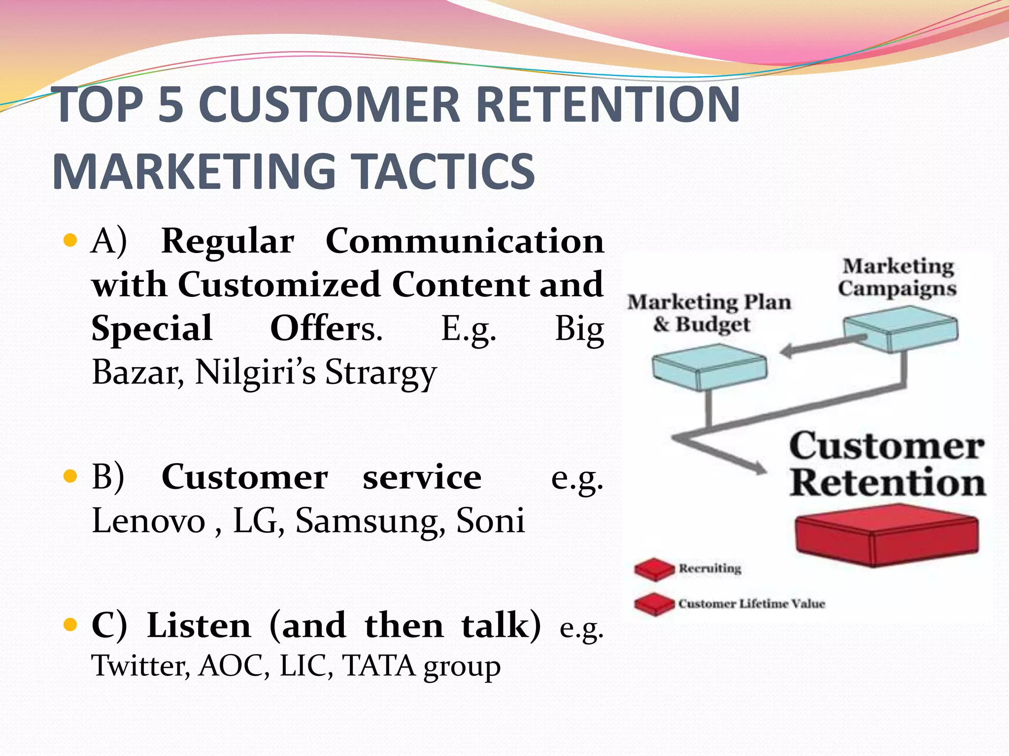 TOP 5 CUSTOMER RETENTION
MARKETING TACTICS
 A) Regular Communication
with Customized Content and
Special Offers. E.g. Big
Bazar, Nilgiri’s Strargy
 B) Customer service e.g.
Lenovo , LG, Samsung, Soni
 C) Listen (and then talk) e.g.
Twitter, AOC, LIC, TATA group
 