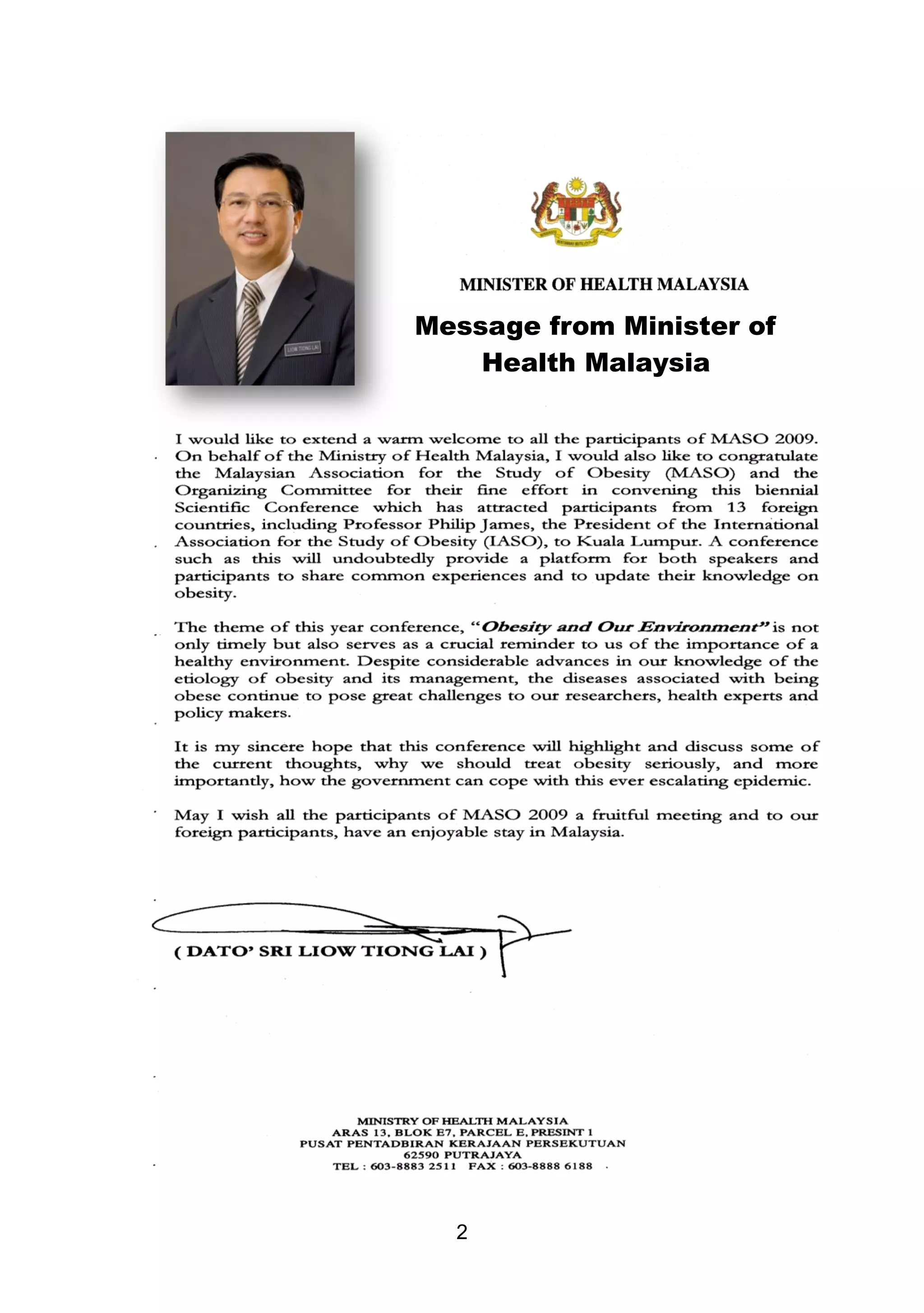 Message from Minister of 
2 
Health Malaysia 
 