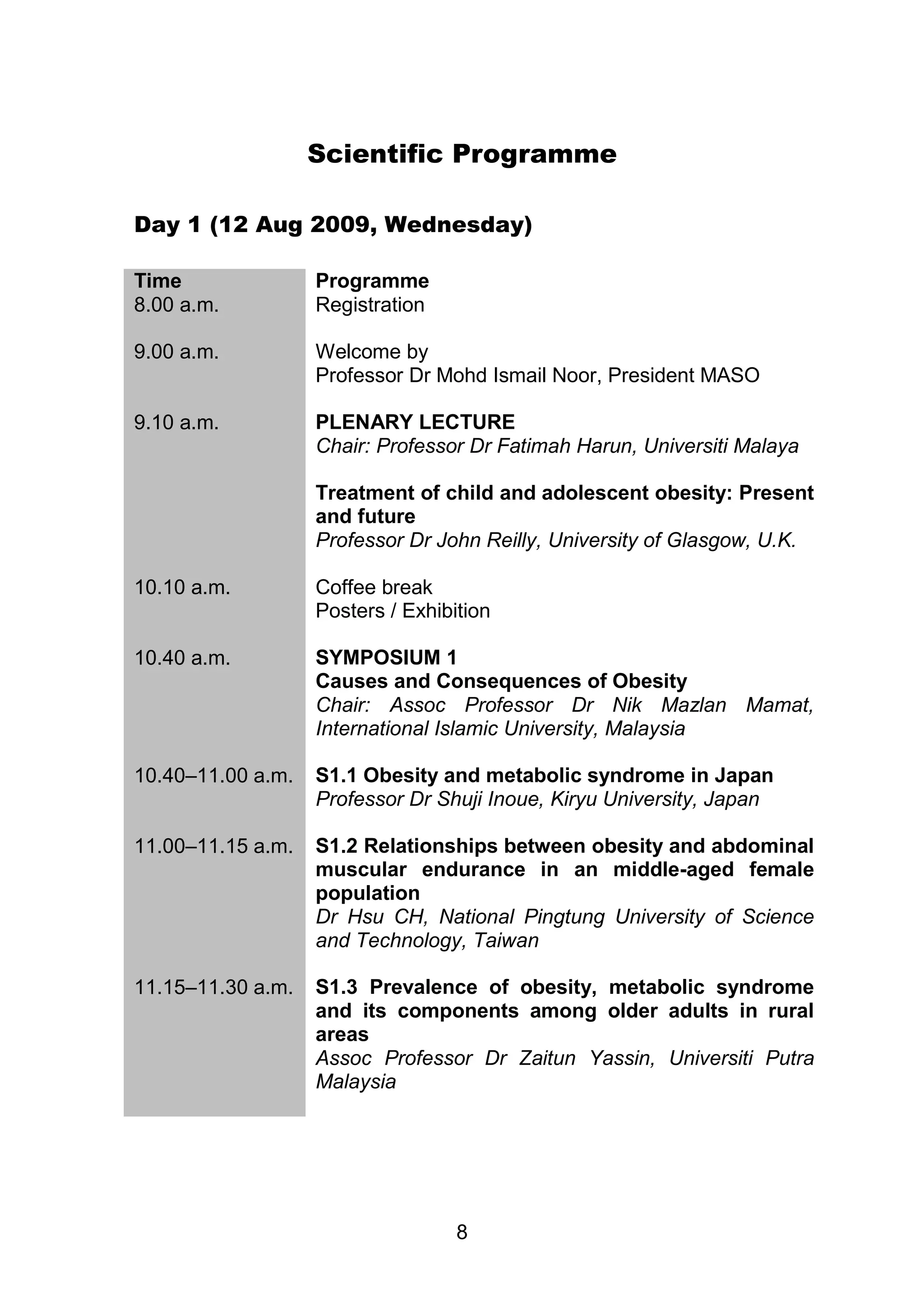 Scientific Programme 
Day 1 (12 Aug 2009, Wednesday) 
8 
Time Programme 
8.00 a.m. Registration 
9.00 a.m. Welcome by 
Professor Dr Mohd Ismail Noor, President MASO 
9.10 a.m. PLENARY LECTURE 
Chair: Professor Dr Fatimah Harun, Universiti Malaya 
Treatment of child and adolescent obesity: Present 
and future 
Professor Dr John Reilly, University of Glasgow, U.K. 
10.10 a.m. Coffee break 
Posters / Exhibition 
10.40 a.m. 
SYMPOSIUM 1 
Causes and Consequences of Obesity 
Chair: Assoc Professor Dr Nik Mazlan Mamat, 
International Islamic University, Malaysia 
10.40–11.00 a.m. 
S1.1 Obesity and metabolic syndrome in Japan 
Professor Dr Shuji Inoue, Kiryu University, Japan 
11.00–11.15 a.m. 
S1.2 Relationships between obesity and abdominal 
muscular endurance in an middle-aged female 
population 
Dr Hsu CH, National Pingtung University of Science 
and Technology, Taiwan 
11.15–11.30 a.m. 
S1.3 Prevalence of obesity, metabolic syndrome 
and its components among older adults in rural 
areas 
Assoc Professor Dr Zaitun Yassin, Universiti Putra 
Malaysia 
 