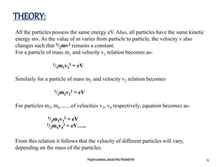 THEORY:
PUJANSASMAL,MASSSPECTROMETRY 13
All the particles possess the same energy eV. Also, all particles have the same kinetic
energy mv. As the value of m varies from particle to particle, the velocity v also
changes such that 1/2mv2 remains a constant.
For a particle of mass m1 and velocity v1 relation becomes as-
1/2m1v1
2 = eV
Similarly for a particle of mass m2 and velocity v2 relation becomes
1/2m2v2
2 = eV
For particles m3, m4........of velocities v3, v4 respectively, equation becomes as-
1/2m3v3
2 = eV
1/2m4v4
2 = eV…..
From this relation it follows that the velocity of different particles will vary,
depending on the mass of the particles.
 