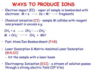 WAYS TO PRODUCE IONS
• Electron impact (EI) - vapor of sample is bombarded with
electrons: M + e 2e + M.+ fragments
• Chemical ionization (CI) - sample M collides with reagent
ions present in excess e.g.
CH4 + e CH4
.+ CH5
+
M + CH5
+ CH4 + MH+
• Fast Atom/Ion Bombardment (FAB)
• Laser Desorption & Matrix-Assisted Laser Desorption
(MALDI)
- hit the sample with a laser beam
• Electrospray Ionization (ESI) - a stream of solution passes
through a strong electric field (106 V/m)
 