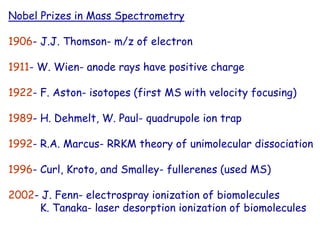 Nobel Prizes in Mass Spectrometry
1906- J.J. Thomson- m/z of electron
1911- W. Wien- anode rays have positive charge
1922- F. Aston- isotopes (first MS with velocity focusing)
1989- H. Dehmelt, W. Paul- quadrupole ion trap
1992- R.A. Marcus- RRKM theory of unimolecular dissociation
1996- Curl, Kroto, and Smalley- fullerenes (used MS)
2002- J. Fenn- electrospray ionization of biomolecules
K. Tanaka- laser desorption ionization of biomolecules
 