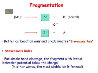 • Better carbocation wins and predominates “Stevenson’s Rule”
[M·]+ A+ + B· (neutral)
or
B+ + A·
EI
Fragmentation
 Stevenson’s Rule:
– For simple bond cleavage, the fragment with lowest
ionization potential takes the charge
(in other words, the most stable ion is formed)
 