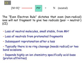 The “Even Electron Rule” dictates that even (non-radical)
ions will not fragment to give two radicals (pos• + neutral•)
(CI)
CI
[M+H]+ PH+ + N (neutral)
– Loss of neutral molecules, small stable, from MH+
– Loss of neutrals from protonated fragments
– Subsequent reprotonation after a loss
– Typically there is no ring cleavage (needs radical) or two
bond scissions.
– Depends highly on ion chemistry specifically acid-base
(proton affinities)
 