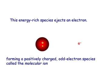 This energy-rich species ejects an electron.
forming a positively charged, odd-electron species
called the molecular ion
e–
+
•
 