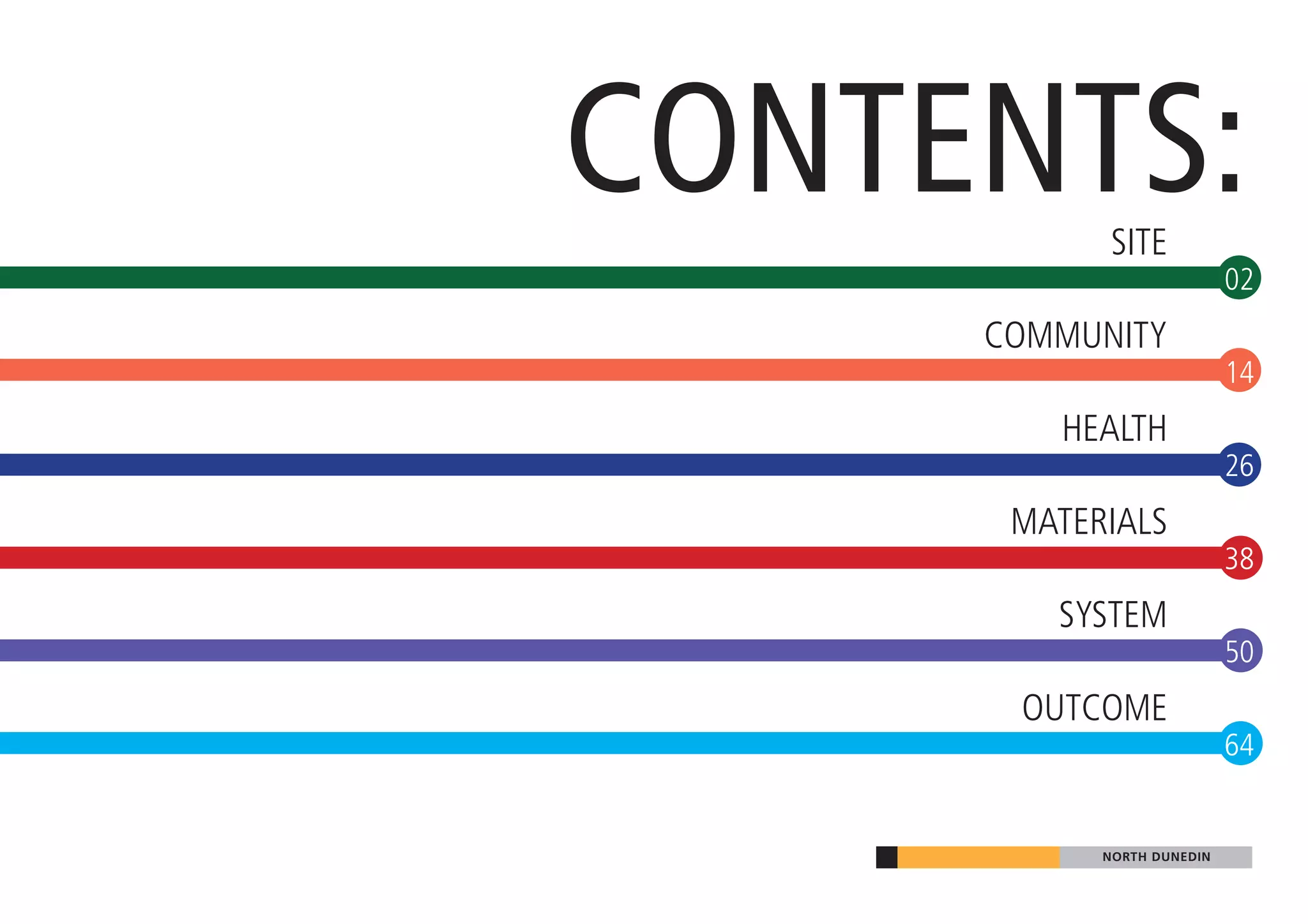 CONTENTS:   SITE
                           02
     COMMUNITY
                           14
        HEALTH
                           26
      MATERIALS
                           38
        SYSTEM
                           50
      OUTCOME
                           64


           NORTH DUNEDIN
 
