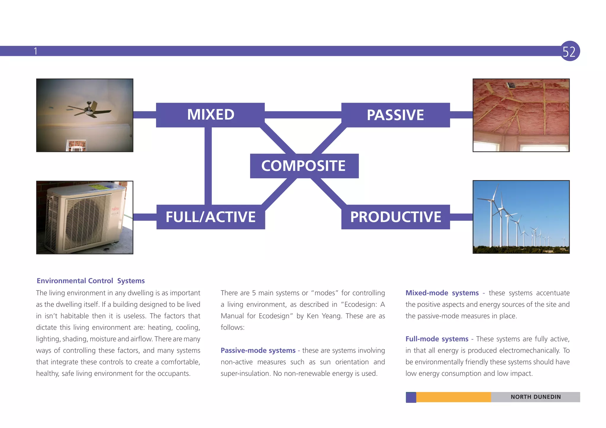 1                                                                                                                                                                      52



                                                     MIXED                                                 PASSIVE


                                                                         COMPOSITE


                                             FULL/ACTIVE                                              PRODUCTIVE



Environmental Control Systems
The living environment in any dwelling is as important       There are 5 main systems or “modes” for controlling   Mixed-mode systems - these systems accentuate
as the dwelling itself. If a building designed to be lived   a living environment, as described in “Ecodesign: A   the positive aspects and energy sources of the site and
in isn’t habitable then it is useless. The factors that      Manual for Ecodesign” by Ken Yeang. These are as      the passive-mode measures in place.
dictate this living environment are: heating, cooling,       follows:
lighting, shading, moisture and airflow. There are many                                                            Full-mode systems - These systems are fully active,
ways of controlling these factors, and many systems          Passive-mode systems - these are systems involving    in that all energy is produced electromechanically. To
that integrate these controls to create a comfortable,       non-active measures such as sun orientation and       be environmentally friendly these systems should have
healthy, safe living environment for the occupants.          super-insulation. No non-renewable energy is used.    low energy consumption and low impact.


                                                                                                                                                      NORTH DUNEDIN
 
