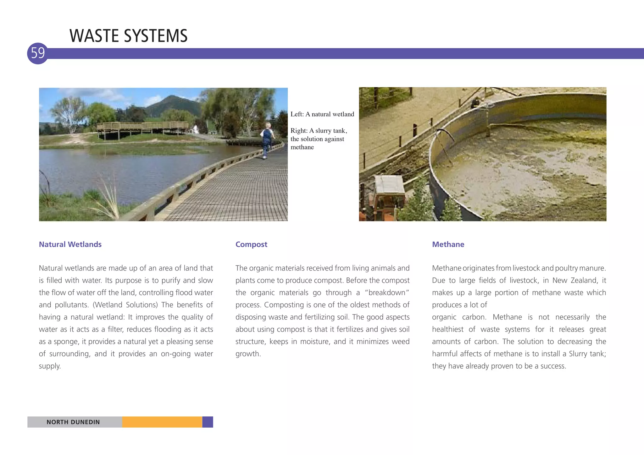 WASTE SYSTEMS
59


                                                                              Left: A natural wetland

                                                                              Right: A slurry tank,
                                                                              the solution against
                                                                              methane




 Natural Wetlands                                            Compost                                                    Methane


 Natural wetlands are made up of an area of land that        The organic materials received from living animals and     Methane originates from livestock and poultry manure.
 is filled with water. Its purpose is to purify and slow     plants come to produce compost. Before the compost         Due to large fields of livestock, in New Zealand, it
 the flow of water off the land, controlling flood water     the organic materials go through a “breakdown”             makes up a large portion of methane waste which
 and pollutants. (Wetland Solutions) The benefits of         process. Composting is one of the oldest methods of        produces a lot of
 having a natural wetland: It improves the quality of        disposing waste and fertilizing soil. The good aspects     organic carbon. Methane is not necessarily the
 water as it acts as a filter, reduces flooding as it acts   about using compost is that it fertilizes and gives soil   healthiest of waste systems for it releases great
 as a sponge, it provides a natural yet a pleasing sense     structure, keeps in moisture, and it minimizes weed        amounts of carbon. The solution to decreasing the
 of surrounding, and it provides an on-going water           growth.                                                    harmful affects of methane is to install a Slurry tank;
 supply.                                                                                                                they have already proven to be a success.




     NORTH DUNEDIN
 