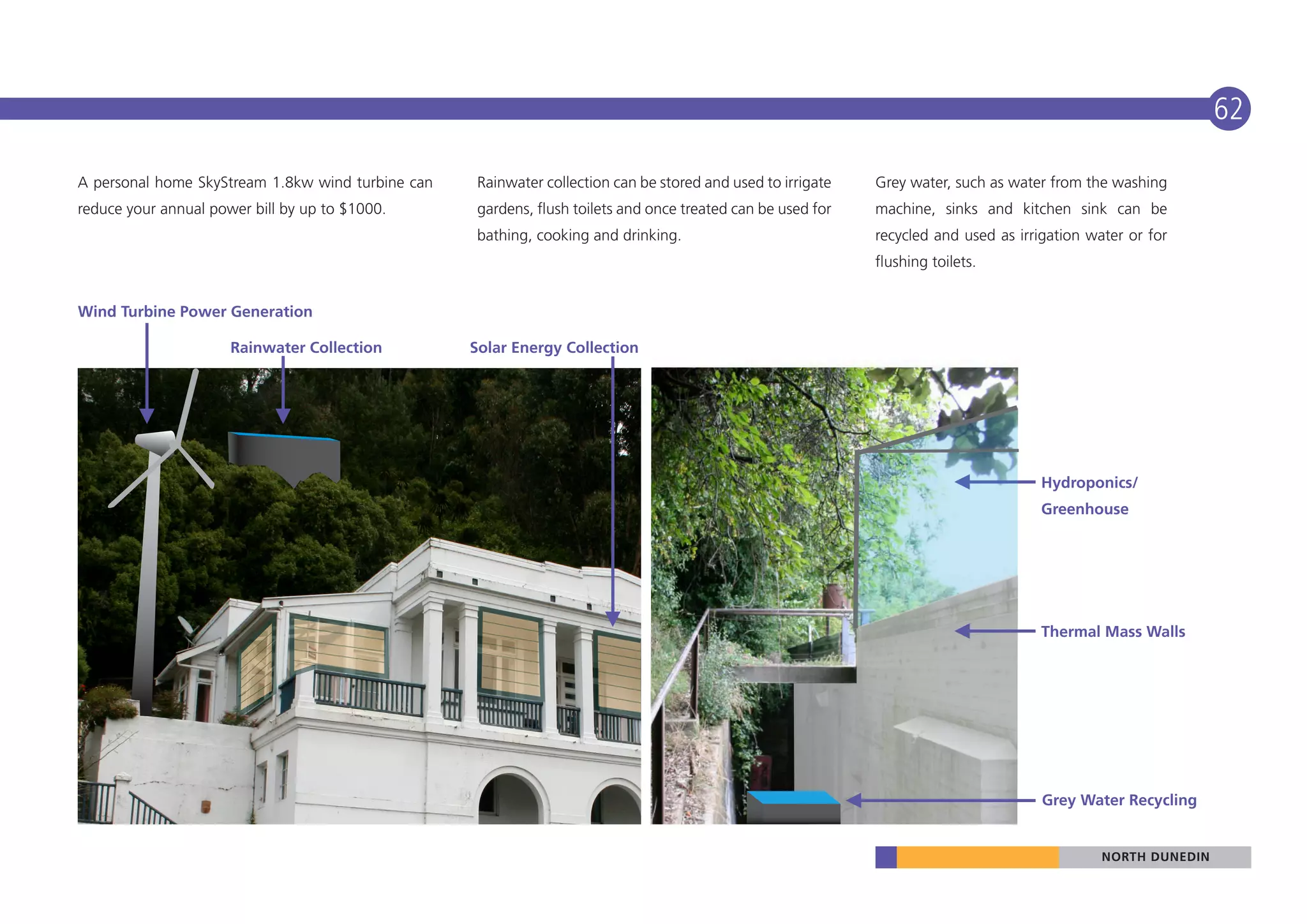 62

A personal home SkyStream 1.8kw wind turbine can    Rainwater collection can be stored and used to irrigate   Grey water, such as water from the washing
reduce your annual power bill by up to $1000.       gardens, flush toilets and once treated can be used for   machine, sinks and kitchen sink can be
                                                    bathing, cooking and drinking.                            recycled and used as irrigation water or for
                                                                                                              flushing toilets.


Wind Turbine Power Generation

                      Rainwater Collection         Solar Energy Collection




                                                                                                                                       Hydroponics/
                                                                                                                                       Greenhouse




                                                                                                                                       Thermal Mass Walls




                                                                                                                                       Grey Water Recycling


                                                                                                                                                NORTH DUNEDIN
 