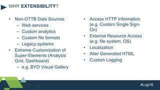 #Logi16
• Non-OTTB Data Sources
– Web services
– Custom analytics
– Custom file formats
– Legacy systems
• Extreme Customization of
Super-Elements (Analysis
Grid, Dashboard)
– e.g. BYO Visual Gallery
WHY EXTENSIBILITY?
• Access HTTP Information
(e.g. Custom Single Sign-
On)
• External Resource Access
(e.g. file system, OS)
• Localization
• Alter Generated HTML
• Custom Logging
 