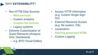 #Logi16
• Non-OTTB Data Sources
– Web services
– Custom analytics
– Custom file formats
– Legacy systems
• Extreme Customization of
Super-Elements (Analysis
Grid, Dashboard)
– e.g. BYO Visual Gallery
WHY EXTENSIBILITY?
• Access HTTP Information
(e.g. Custom Single Sign-
On)
• External Resource Access
(e.g. file system, OS)
• Localization
• Altering generated HTML
• Custom Logging
 