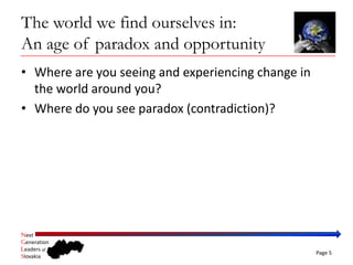 The world we find ourselves in:
An age of paradox and opportunity
• Where are you seeing and experiencing change in 
  the world around you?
• Where do you see paradox (contradiction)?




Next
Generation
Leaders of
                                                     Page 5
Slovakia
 