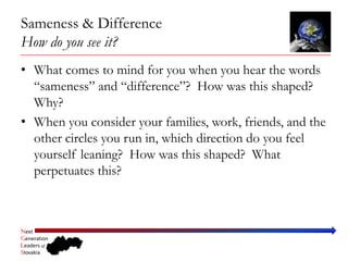 Sameness & Difference
How do you see it?
• What comes to mind for you when you hear the words
  “sameness” and “difference”? How was this shaped?
  Why?
• When you consider your families, work, friends, and the
  other circles you run in, which direction do you feel
  yourself leaning? How was this shaped? What
  perpetuates this?



Next
Generation
Leaders of
Slovakia
 