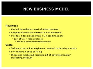 NEW BUSINESS MODEL


Revenues
   # of ad on website x cost of advertisement
   Amount of each taxi contract x # of contr...