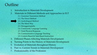 12
Outline
1. Introduction to Materials Development
2. Materials in Different Methods and Approaches in ELT
2.1. Grammar Translation Method
2.2. The Direct Method
2.3. Audiolingual Method
2.4. The Silent Way
2.5. Desuggestopedia
2.6. Community Language Learning
2.7. Total Physical Response
2.8. Communicative Language Teaching
2.9. Content-Based & Task-Based Instruction
3. Different Phases Affecting Materials Development
4. Turning Points in the History of Materials Development
5. Evolution of Materials throughout History
6. Past vs. Current Trends in Materials Development
7. Professionality of the Profession
 
