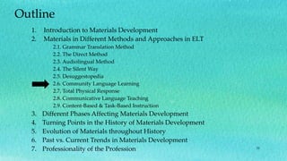 31
Outline
1. Introduction to Materials Development
2. Materials in Different Methods and Approaches in ELT
2.1. Grammar Translation Method
2.2. The Direct Method
2.3. Audiolingual Method
2.4. The Silent Way
2.5. Desuggestopedia
2.6. Community Language Learning
2.7. Total Physical Response
2.8. Communicative Language Teaching
2.9. Content-Based & Task-Based Instruction
3. Different Phases Affecting Materials Development
4. Turning Points in the History of Materials Development
5. Evolution of Materials throughout History
6. Past vs. Current Trends in Materials Development
7. Professionality of the Profession
 