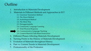 38
Outline
1. Introduction to Materials Development
2. Materials in Different Methods and Approaches in ELT
2.1. Grammar Translation Method
2.2. The Direct Method
2.3. Audiolingual Method
2.4. The Silent Way
2.5. Desuggestopedia
2.6. Community Language Learning
2.7. Total Physical Response
2.8. Communicative Language Teaching
2.9. Content-Based & Task-Based Instruction
3. Different Phases Affecting Materials Development
4. Turning Points in the History of Materials Development
5. Evolution of Materials throughout History
6. Past vs. Current Trends in Materials Development
7. Professionality of the Profession
 