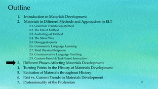 45
Outline
1. Introduction to Materials Development
2. Materials in Different Methods and Approaches in ELT
2.1. Grammar Translation Method
2.2. The Direct Method
2.3. Audiolingual Method
2.4. The Silent Way
2.5. Desuggestopedia
2.6. Community Language Learning
2.7. Total Physical Response
2.8. Communicative Language Teaching
2.9. Content-Based & Task-Based Instruction
3. Different Phases Affecting Materials Development
4. Turning Points in the History of Materials Development
5. Evolution of Materials throughout History
6. Past vs. Current Trends in Materials Development
7. Professionality of the Profession
 