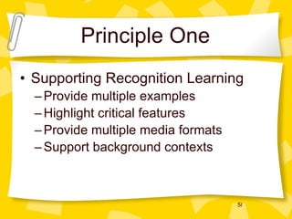 Principle One Supporting Recognition Learning Provide multiple examples Highlight critical features Provide multiple media formats Support background contexts 