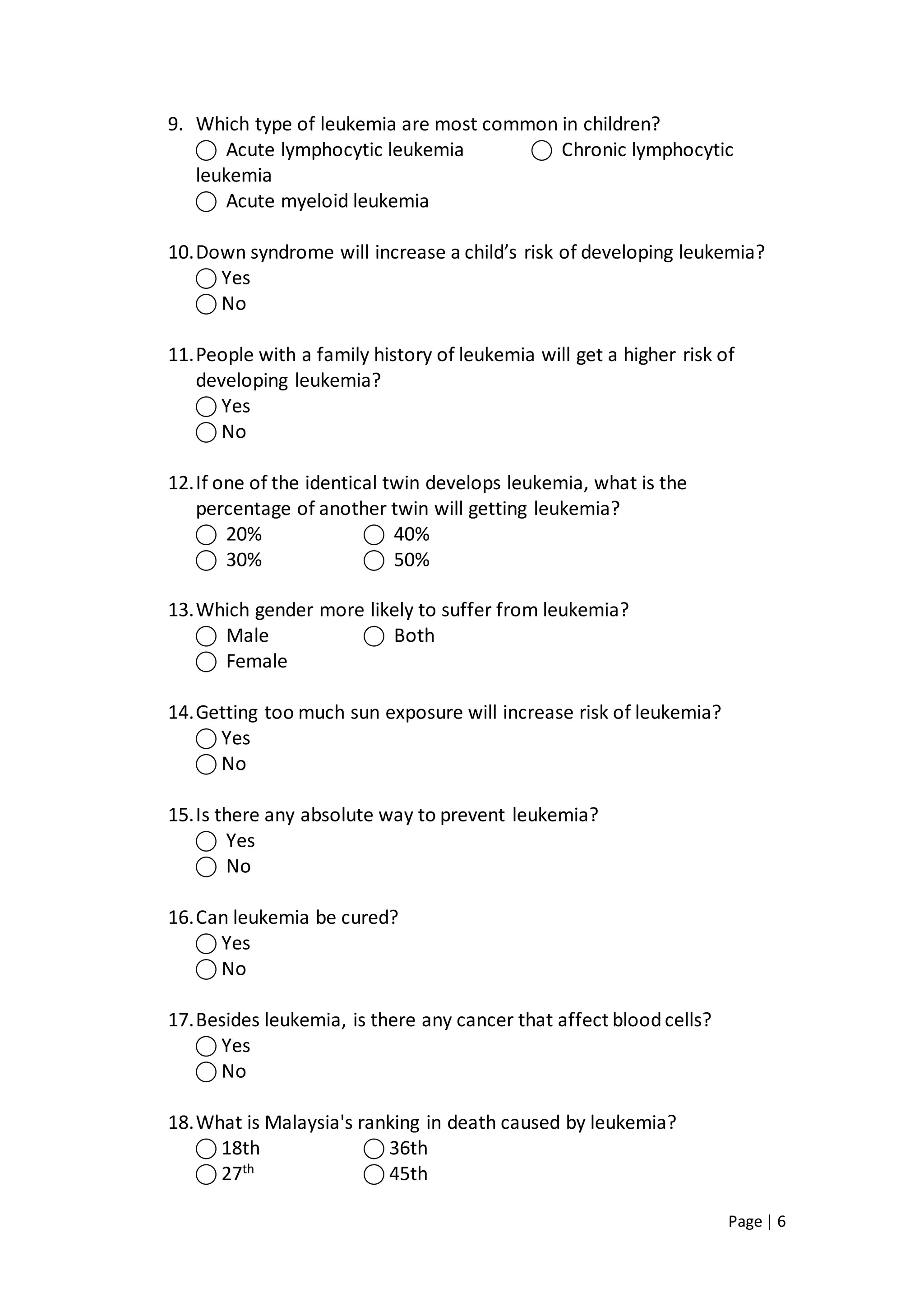 Page | 6
9. Which type of leukemia are most common in children?
⃝ Acute lymphocytic leukemia ⃝ Chronic lymphocytic
leukemia
⃝ Acute myeloid leukemia
10.Down syndrome will increase a child’s risk of developing leukemia?
⃝ Yes
⃝ No
11.People with a family history of leukemia will get a higher risk of
developing leukemia?
⃝ Yes
⃝ No
12.If one of the identical twin develops leukemia, what is the
percentage of another twin will getting leukemia?
⃝ 20% ⃝ 40%
⃝ 30% ⃝ 50%
13.Which gender more likely to suffer from leukemia?
⃝ Male ⃝ Both
⃝ Female
14.Getting too much sun exposure will increase risk of leukemia?
⃝ Yes
⃝ No
15.Is there any absolute way to prevent leukemia?
⃝ Yes
⃝ No
16.Can leukemia be cured?
⃝ Yes
⃝ No
17.Besides leukemia, is there any cancer that affect bloodcells?
⃝ Yes
⃝ No
18.What is Malaysia's ranking in death caused by leukemia?
⃝ 18th ⃝ 36th
⃝ 27th
⃝ 45th
 