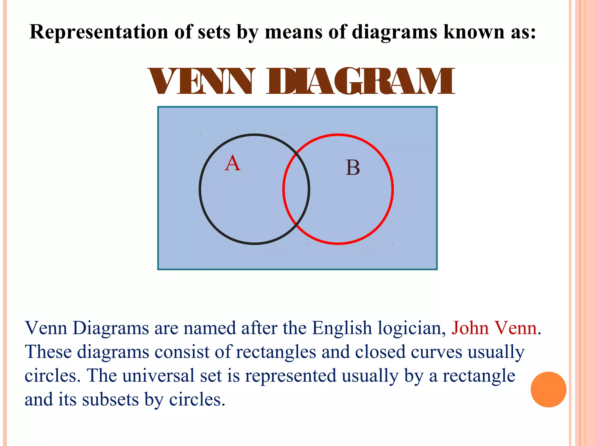 A B
VENN DIAGRAM
Representation of sets by means of diagrams known as:
Venn Diagrams are named after the English logician, John Venn.
These diagrams consist of rectangles and closed curves usually
circles. The universal set is represented usually by a rectangle
and its subsets by circles.
 