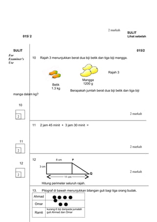 For 
Examiner’s 
Use 
Mewakili 3 biji guli 
SULIT 
015/ 2 Lihat sebelah 
SULIT 015/2 
10 Rajah 3 menunjukkan berat dua biji betik dan tiga biji mangga. 
Rajah 3 
Berapakah jumlah berat dua biji betik dan tiga biji 
manga dalam kg? 
10 
11 
12 8 cm P 
12 
3 cm 
Q 
11 cm 
Hitung perimeter seluruh rajah. 
13. Pitograf di bawah menunjukkan bilangan guli bagi tiga orang budak. 
Ahmad 
Omar 
Ramli 
kurang 6 biji daripada jumalah 
guli Ahmad dan Omar 
2 
2 
2 
2 markah 
2 markah 
2 markah 
2 markah 
Betik 
1.3 kg 
Mangga 
1200 g 
11 2 jam 45 minit + 3 jam 30 minit = 
 