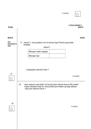 [ Lihat sebelah ] 
015/2 SULIT 
SULIT 015/2 
For 
17 Jadual 1 menunjukkan ciri-ciri bentuk tiga Piramid yang tidak 
Examiner’s 
Use 
Lengkapkan jadual di atas ? 
17 
18. Jisim sebuah meja ialah 4.2 kg dan jisim sebuah kerusi 530 g lebih 
ringan daripada meja itu. Kira jumlah jisim dalam kg bagi sebuah 
meja dan sebuah kerusi ? 
18 
Bilangan satah segitiga 
Bilangan tepi 
3 
2 
3 
3 markah 
2 markah 
3 markah 
lengkap. 
Jadual 1 
 