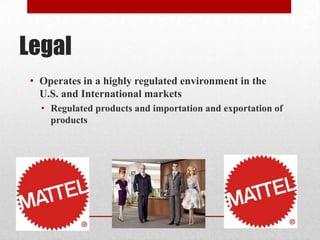 Legal
• Operates in a highly regulated environment in the
U.S. and International markets
• Regulated products and importation and exportation of
products
 
