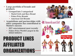 PRODUCT LINES
AFFILIATED
ORGANIZATIONS
• Large portfolio of brands and
products
• Grouped into 3 categorized
• Mattel Girls and Boys Brand
• Fisher-Price Brands
• American Girl Brands
• Acquisitions and partnerships with
other companies has contributed to
Mattel’s success
• HIT entertainment most recently
• Fisher-Price World Largest in the
infant industry
 