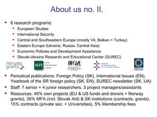 About us no. II.
 6 research programs:
 European Studies
 International Security
 Central and Southeastern Europe (mos...
