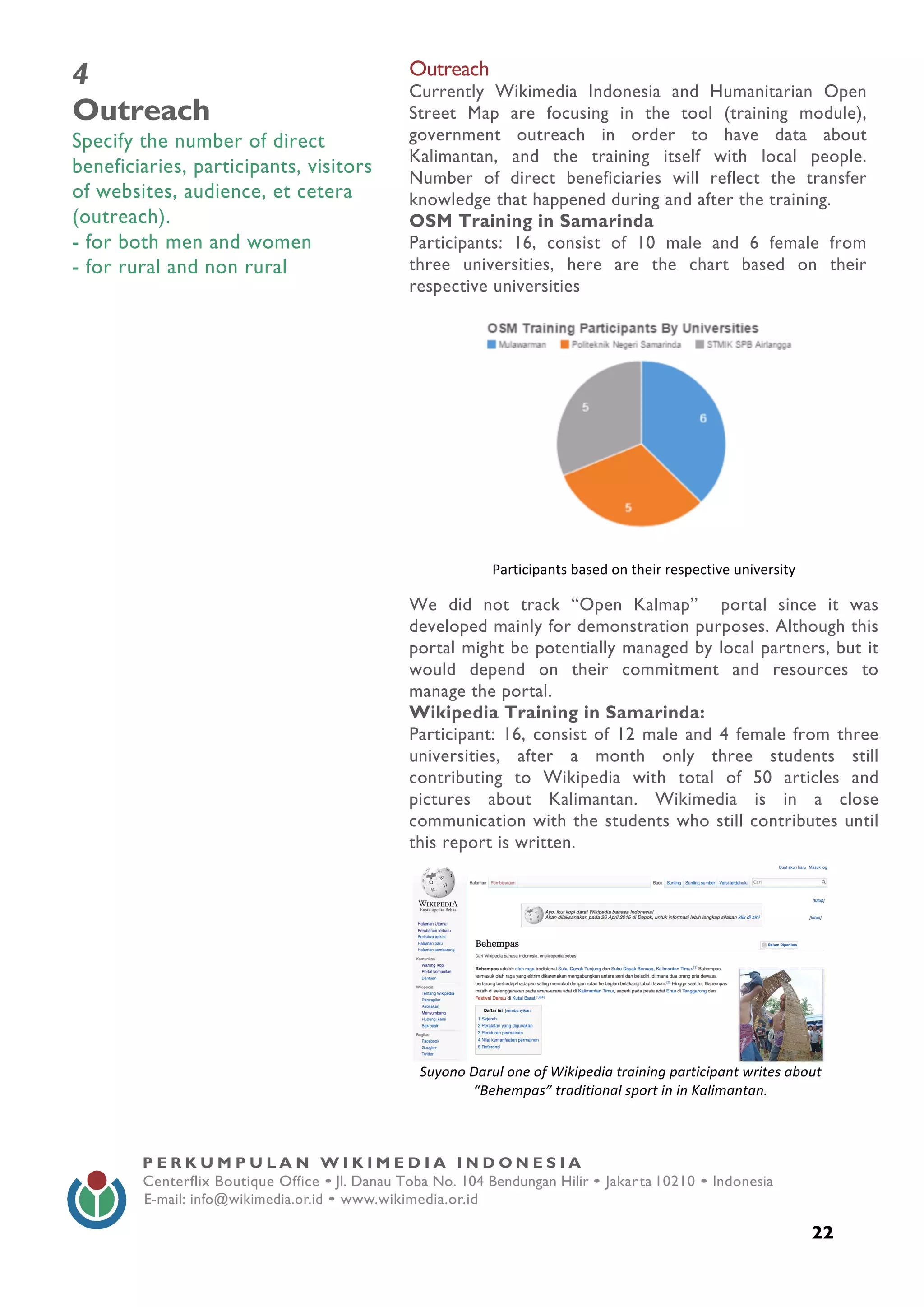  
22
P E R K U M P U L A N W I K I M E D I A I N D O N E S I A
Centerflix Boutique Office • Jl. Danau Toba No. 104 Bendungan Hilir • Jakarta 10210 • Indonesia
E-mail: info@wikimedia.or.id • www.wikimedia.or.id
	
  
	
  
4
Outreach
Specify the number of direct
beneficiaries, participants, visitors
of websites, audience, et cetera
(outreach).
- for both men and women
- for rural and non rural
Outreach
Currently Wikimedia Indonesia and Humanitarian Open
Street Map are focusing in the tool (training module),
government outreach in order to have data about
Kalimantan, and the training itself with local people.
Number of direct beneficiaries will reflect the transfer
knowledge that happened during and after the training.
OSM Training in Samarinda
Participants: 16, consist of 10 male and 6 female from
three universities, here are the chart based on their
respective universities
We did not track “Open Kalmap” portal since it was
developed mainly for demonstration purposes. Although this
portal might be potentially managed by local partners, but it
would depend on their commitment and resources to
manage the portal.
Wikipedia Training in Samarinda:
Participant: 16, consist of 12 male and 4 female from three
universities, after a month only three students still
contributing to Wikipedia with total of 50 articles and
pictures about Kalimantan. Wikimedia is in a close
communication with the students who still contributes until
this report is written.
	
  
	
  
Participants	
  based	
  on	
  their	
  respective	
  university	
  
	
  
Suyono	
  Darul	
  one	
  of	
  Wikipedia	
  training	
  participant	
  writes	
  about	
  
“Behempas”	
  traditional	
  sport	
  in	
  in	
  Kalimantan.	
  
 