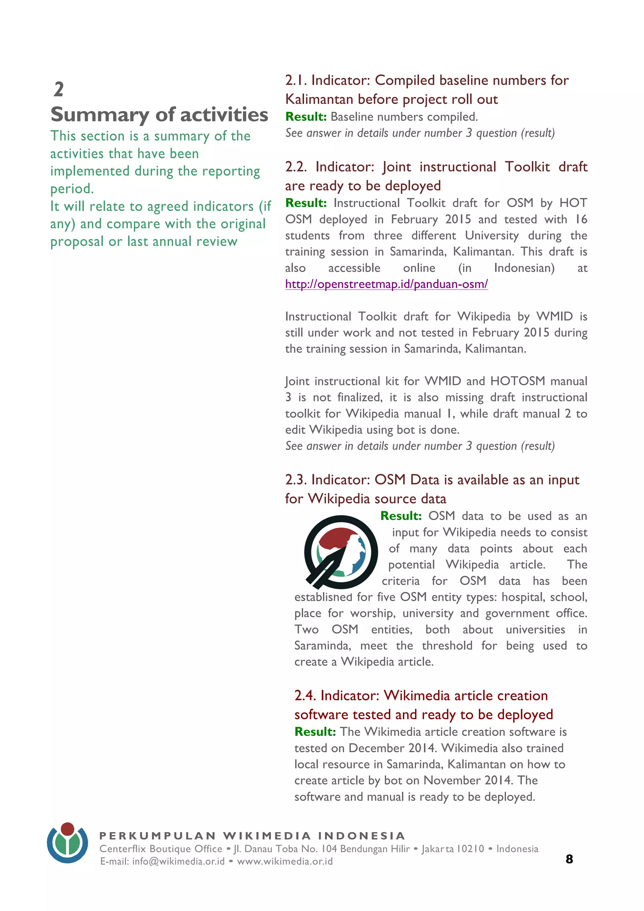  
8
P E R K U M P U L A N W I K I M E D I A I N D O N E S I A
Centerflix Boutique Office • Jl. Danau Toba No. 104 Bendungan Hilir • Jakarta 10210 • Indonesia
E-mail: info@wikimedia.or.id • www.wikimedia.or.id
	
  
2
Summary of activities
This section is a summary of the
activities that have been
implemented during the reporting
period.
It will relate to agreed indicators (if
any) and compare with the original
proposal or last annual review
2.1. Indicator: Compiled baseline numbers for
Kalimantan before project roll out
Result: Baseline numbers compiled.
See answer in details under number 3 question (result)
2.2. Indicator: Joint instructional Toolkit draft
are ready to be deployed
Result: Instructional Toolkit draft for OSM by HOT
OSM deployed in February 2015 and tested with 16
students from three different University during the
training session in Samarinda, Kalimantan. This draft is
also accessible online (in Indonesian) at
http://openstreetmap.id/panduan-osm/
Instructional Toolkit draft for Wikipedia by WMID is
still under work and not tested in February 2015 during
the training session in Samarinda, Kalimantan.
Joint instructional kit for WMID and HOTOSM manual
3 is not finalized, it is also missing draft instructional
toolkit for Wikipedia manual 1, while draft manual 2 to
edit Wikipedia using bot is done.
See answer in details under number 3 question (result)
2.3. Indicator: OSM Data is available as an input
for Wikipedia source data
Result: OSM data to be used as an
input for Wikipedia needs to consist
of many data points about each
potential Wikipedia article. The
criteria for OSM data has been
established for five OSM entity types: hospital, school,
place for worship, university and government office.
Two OSM entities, both about universities in
Saraminda, meet the threshold for being used to
create a Wikipedia article.
2.4. Indicator: Wikimedia article creation
software tested and ready to be deployed
Result: The Wikimedia article creation software is
tested on December 2014. Wikimedia also trained
local resource in Samarinda, Kalimantan on how to
create article by bot on November 2014. The
software and manual is ready to be deployed.
 