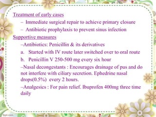 Treatment of early cases
– Immediate surgical repair to achieve primary closure
– Antibiotic prophylaxis to prevent sinus infection
Supportive measures
–Antibiotics: Penicillin & its derivatives
a. Started with IV route later switched over to oral route
b. Penicillin V 250-500 mg every six hour
–Nasal decongestants : Encourages drainage of pus and do
not interfere with ciliary secretion. Ephedrine nasal
drops(0.5%) every 2 hours.
–Analgesics : For pain relief. Ibuprofen 400mg three time
daily
 