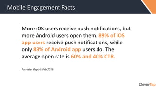 Mobile Engagement Facts
More iOS users receive push notifications, but
more Android users open them. 89% of iOS
app users ...