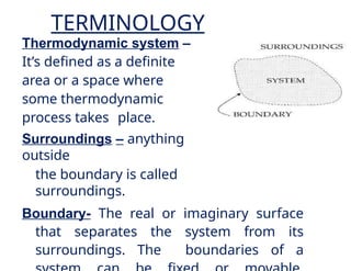 Thermodynamic system –
It’s defined as a definite
area or a space where
some thermodynamic
process takes place.
Surroundings – anything
outside
the boundary is called
surroundings.
Boundary- The real or imaginary surface
that separates the system from its
surroundings. The boundaries of a
TERMINOLOGY
 