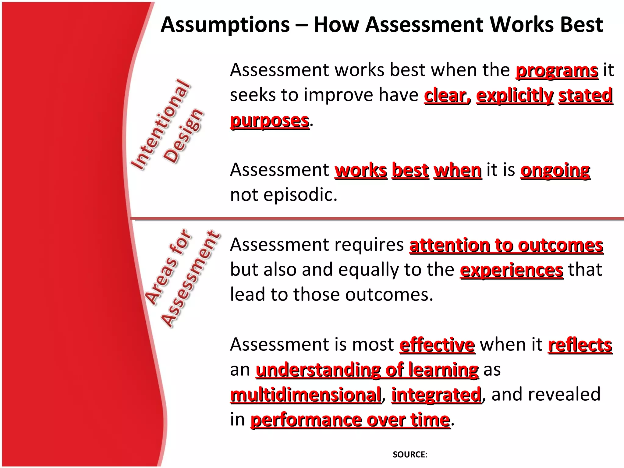 Assessment works best when the programsprograms it
seeks to improve have clearclear,, explicitlyexplicitly statedstated
purposespurposes.
Assessment worksworks bestbest whenwhen it is ongoingongoing
not episodic.
Assessment requires attention to outcomesattention to outcomes
but also and equally to the experiencesexperiences that
lead to those outcomes.
Assessment is most effectiveeffective when it reflectsreflects
an understanding of learningunderstanding of learning as
multidimensionalmultidimensional, integratedintegrated, and revealed
in performance over timeperformance over time.
Assumptions – How Assessment Works Best
SOURCE: http://www.aahe.org/assessment/principl.htm
 