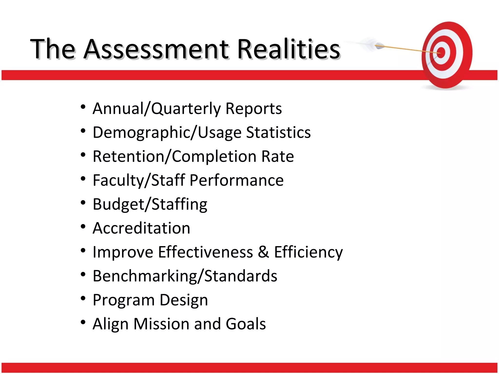 The Assessment RealitiesThe Assessment Realities
• Annual/Quarterly Reports
• Demographic/Usage Statistics
• Retention/Completion Rate
• Faculty/Staff Performance
• Budget/Staffing
• Accreditation
• Improve Effectiveness & Efficiency
• Benchmarking/Standards
• Program Design
• Align Mission and Goals
 