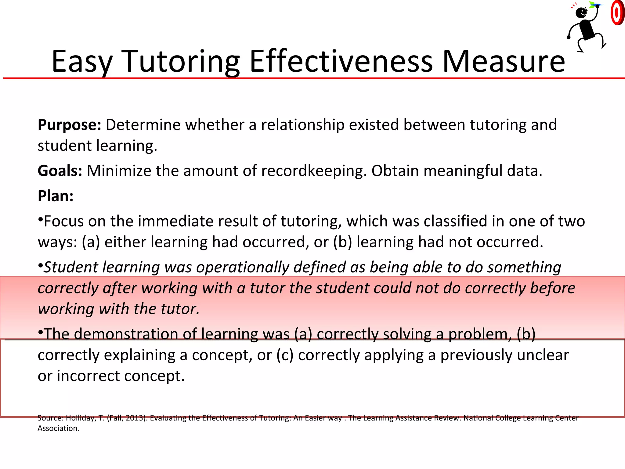 Easy Tutoring Effectiveness Measure
Purpose: Determine whether a relationship existed between tutoring and
student learning.
Goals: Minimize the amount of recordkeeping. Obtain meaningful data.
Plan:
•Focus on the immediate result of tutoring, which was classified in one of two
ways: (a) either learning had occurred, or (b) learning had not occurred.
•Student learning was operationally defined as being able to do something
correctly after working with a tutor the student could not do correctly before
working with the tutor.
•The demonstration of learning was (a) correctly solving a problem, (b)
correctly explaining a concept, or (c) correctly applying a previously unclear
or incorrect concept.
Source: Holliday, T. (Fall, 2013). Evaluating the Effectiveness of Tutoring: An Easier way . The Learning Assistance Review. National College Learning Center
Association.
 