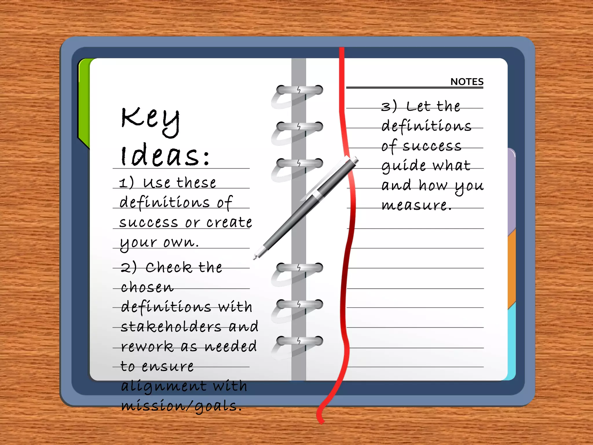 Key
Ideas:
1) Use these
definitions of
success or create
your own.
2) Check the
chosen
definitions with
stakeholders and
rework as needed
to ensure
alignment with
mission/goals.
3) Let the
definitions
of success
guide what
and how you
measure.
 