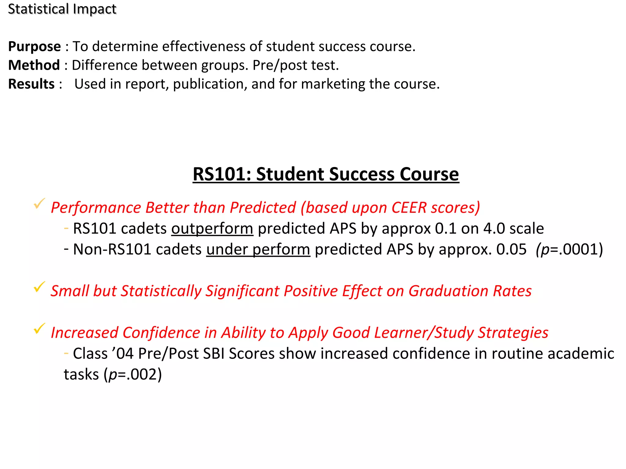 RS101: Student Success Course
 Performance Better than Predicted (based upon CEER scores)
- RS101 cadets outperform predicted APS by approx 0.1 on 4.0 scale
- Non-RS101 cadets under perform predicted APS by approx. 0.05 (p=.0001)
 Small but Statistically Significant Positive Effect on Graduation Rates
 Increased Confidence in Ability to Apply Good Learner/Study Strategies
- Class ’04 Pre/Post SBI Scores show increased confidence in routine academic
tasks (p=.002)
Statistical ImpactStatistical Impact
Purpose : To determine effectiveness of student success course.
Method : Difference between groups. Pre/post test.
Results : Used in report, publication, and for marketing the course.
 