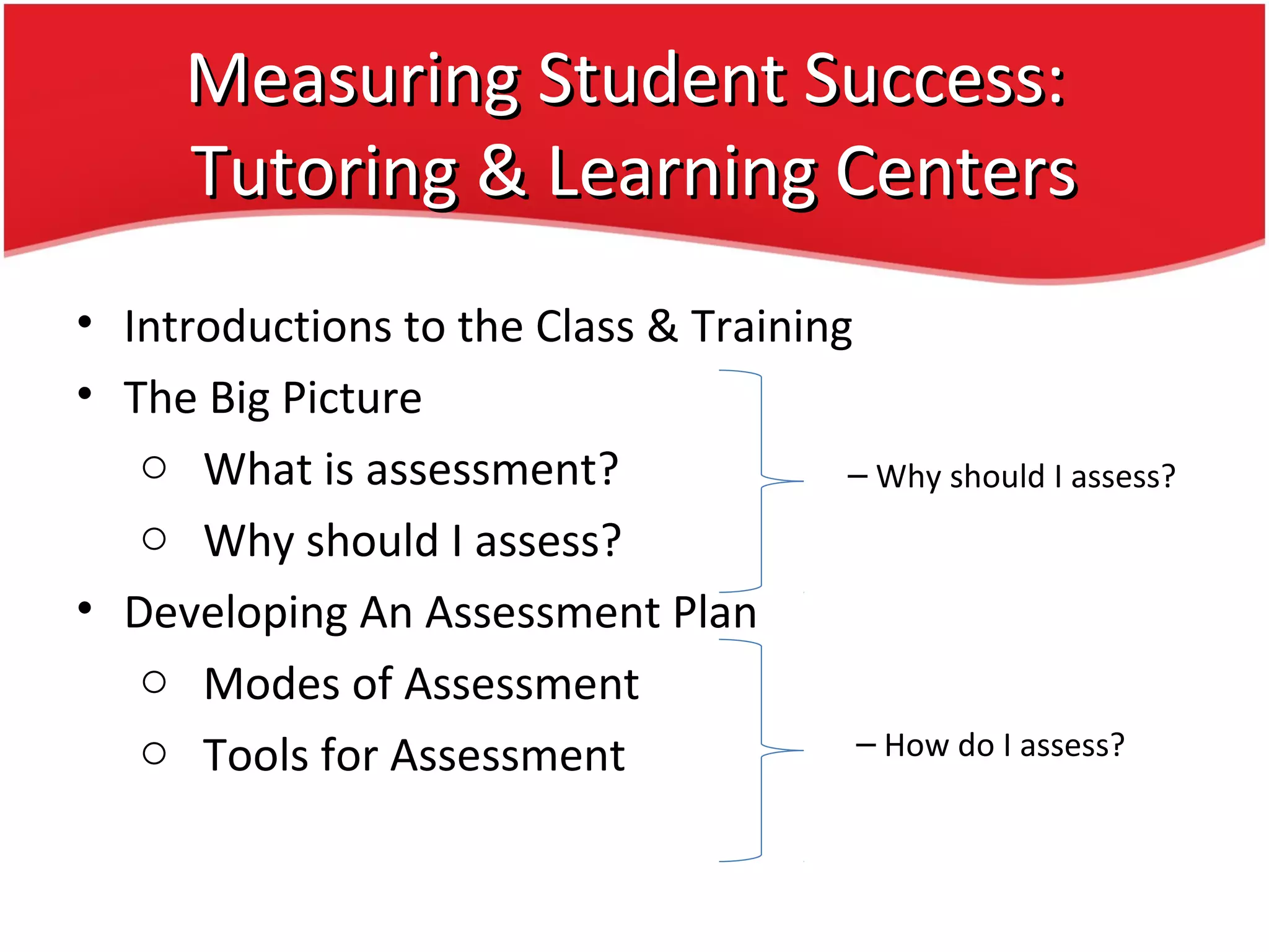 Measuring Student Success:Measuring Student Success:
Tutoring & Learning CentersTutoring & Learning Centers
• Introductions to the Class & Training
• The Big Picture
o What is assessment?
o Why should I assess?
• Developing An Assessment Plan
o Modes of Assessment
o Tools for Assessment
– Why should I assess?
– How do I assess?
 