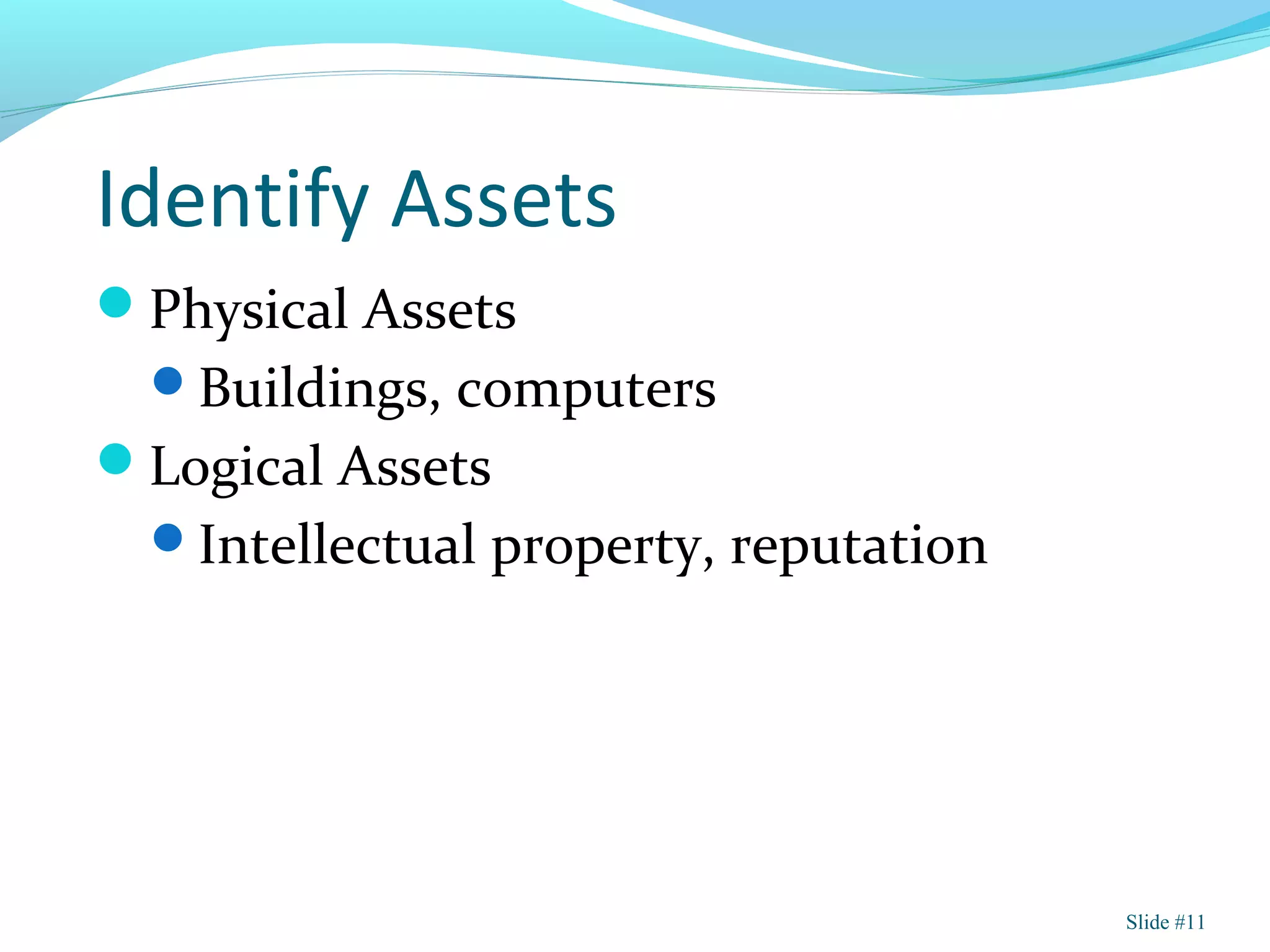 Identify Assets
Physical Assets
Buildings, computers
Logical Assets
Intellectual property, reputation
Slide #11
 