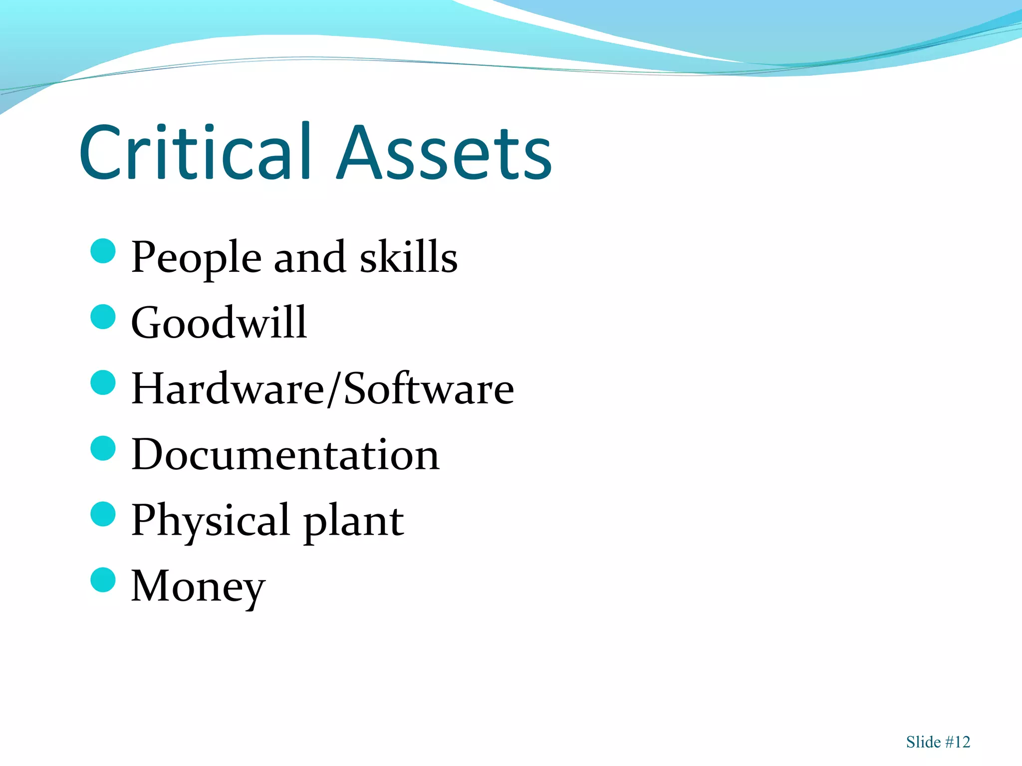 Critical Assets
People and skills
Goodwill
Hardware/Software
Documentation
Physical plant
Money
Slide #12
 